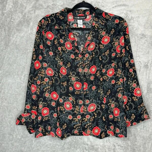 Sag Harbor 16 XL Shirt Top Black Floral Flower Button Up 3/4 Sleeve V Neck Women